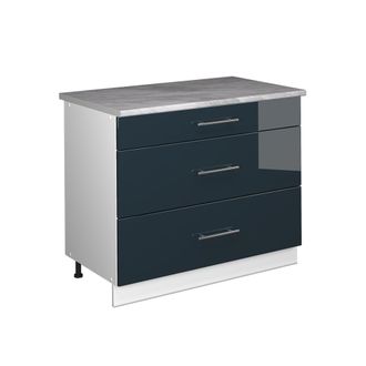 Vicco Mueble Bajo De Cocina Fame-line, Azul Oscuro Alto Brillo/blanco, 100 Cm, Et M&aacute;rmol, Vicco