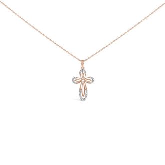 House of Brilliance 10K Rose Gold Plated Sterling Silver 1/6 Cttw Diamond Double Loop Cross Pendant Necklace