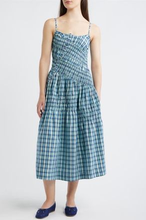 Damson Madder Lyra Check Sleeveless Midi Dress in Blue at Nordstrom, Size 10 Us