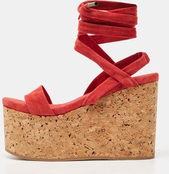 Isabel Marant Red Suede Wedge Ankle Strap Sandals