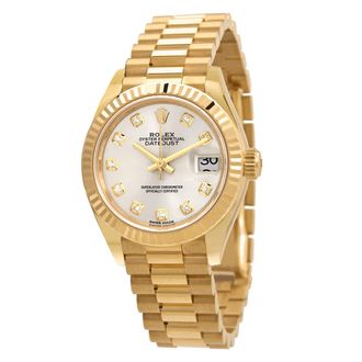 Rolex Lady Datejust Silver Diamond Dial Automatic 18 Carat Yellow Gold President Watch 279178