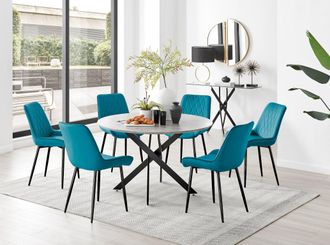Furniturebox Novara Grey Concrete Effect Black Leg 120cm Round Dining Table & 6 Pesaro Black Leg Chairs in Blue