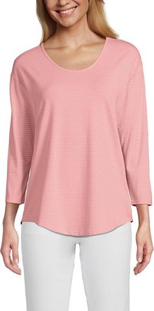 Lands End 3/4 Sleeve Lightweight Jersey U-Neck Tunic in Sunset Coral Pink Thin Stripe at Nordstrom, Size Medium P