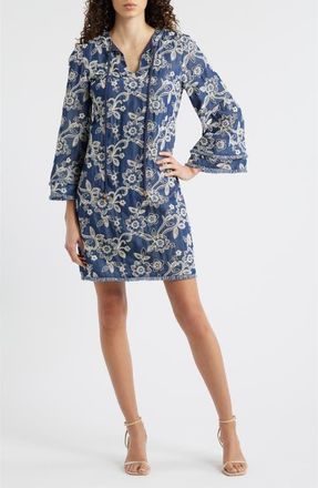 Eliza J Floral Embroidered Split Neck Shift Dress in Denim at Nordstrom, Size 12