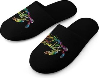 Generic Rainbow Sea Turtle Neon Warm Mens Slippers Slip On Soft Fleece House Shoes Winter Indoor Outdoor