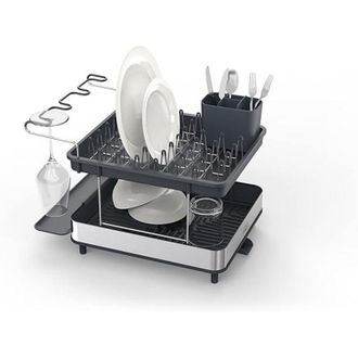 Joseph Joseph Joseph Joseph Excel - Scolapiatti in acciaio inox a 2 livelli per lavare i piatti con beccuccio di sgrondo, scolaposate mobile, supporto per