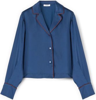Motivi Korte satijnen blouse met contrasterende bies - Dames - Overhemden - Blauw - S - Satijn - Overhemden