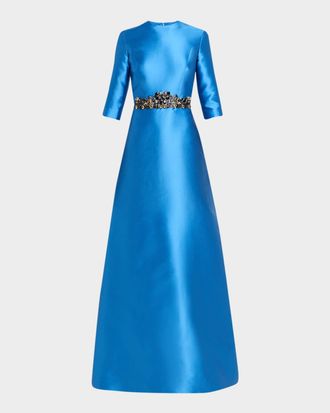 Reem Acra Crystal Embellished Mikado Silk 3/4-Sleeve Gown