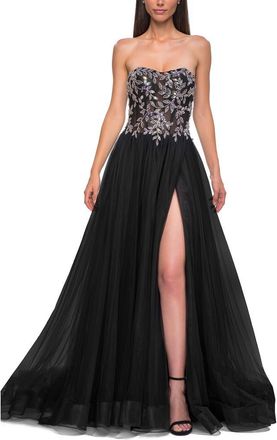 La Femme A-line Tulle Prom Dress with Stunning Floral Beaded Design in Black at Nordstrom, Size 10