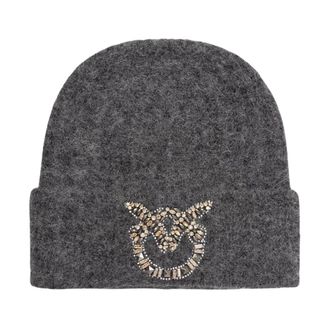 Pinko Pinko - Wollen muts met Love Birds-logo met steentjes - Dames - Accessoires - Grijs - Maat: ONE Size Wol