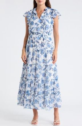 Halogen Tie Neck Tiered Maxi Dress in Blue Multi at Nordstrom Rack, Size X-Small