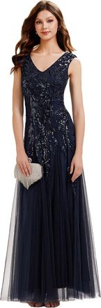 Ever-pretty Womens Sequin Evening Gown with Sleeveless V-Neck Tulle Dress for Formal Wedding Guest Party Dresses Navy Blue 22