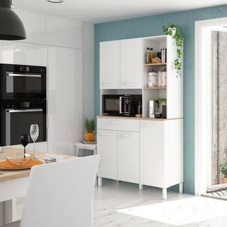 Dmora Armario Multifunci&oacute;n Dgalass, Mueble Auxiliar De Cocina, Aparador Con 5 Puertas Y 1 Caj&oacute;n Con Baldas, Armario Abierto, 108x40h186 Cm, Blanco Y Roble -