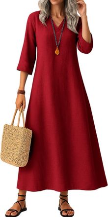 Generic 3/4 Sleeve Linen Dress for Women Casual Summer Cotton Solid Color V Neck Flowy Dress Loose Fit Boho Maxi Dresses Wine