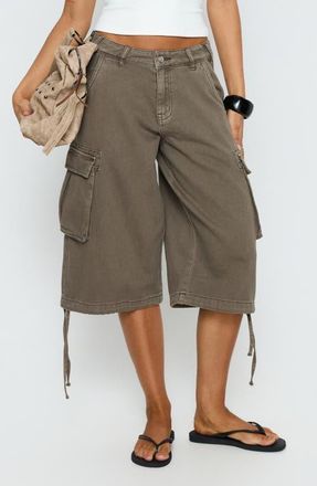 Princess Polly Hudsen Low Rise Longline Denim Cargo Shorts in Khaki at Nordstrom, Size 12