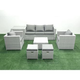 Fimous 7 Seater Rattan Garden Furniture Set with 3 Seater Sofa 2 Chair Square Coffee Table 2 Small Footstools Side Table Light Grey Mixed - Fimous