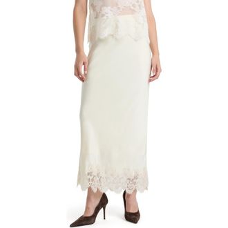 Bardot Elisan Lace Trim Satin Midi Skirt in Ivory at Nordstrom, Size 10