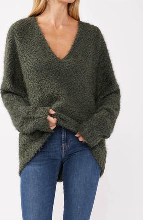 Lovestitch Hi-Low Fuzzy Pullover Sweater In Olive