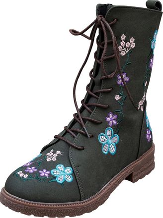 Generic Womens Ankle Boots Flower Embroidery Biker Boot Lace Up Riding Boots Faux Leather Combat Boot Ladies Retro Mid Calf Booties with Side Zipper Shoes Wes