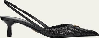Prada 55mm Triangle Logo Woven Leather Slingback Pumps