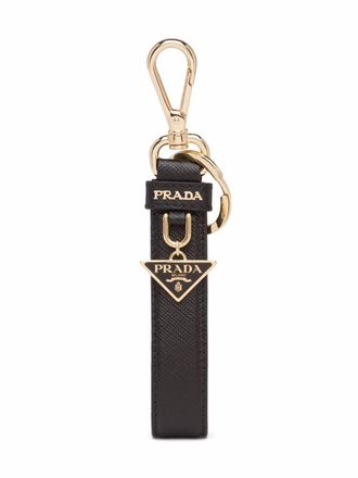 Prada triangle-logo leather keychain - women - Calf Leather/Metal - One Size - Black