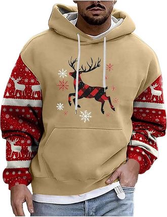 Generic Mens Christmas Hoodie Sweater Mens Jumperwith Christmas 3D Printed Reindeer Long Sleeve JumperLoose Tops with Pockets Xmas Hoody Festive Sweater (2-Kh