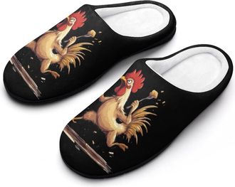 Generic Kung Fu Cock Rooster with Beer Mens House Slippers Memory Foam Washable Cotton Slip on Home Shoes