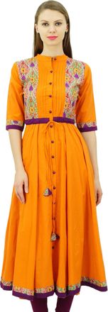 Bimba Women Anarkali Kurti Long Flared Tunic Cotton Kurta Indian Ethnic Blouse Orange