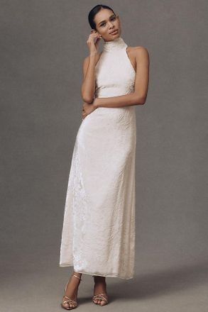 BHLDN High-Neck Velvet Scallop-Hem Maxi Dress