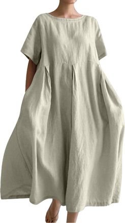 Generic Casual Cotton Linen Dress for Women Loose Crew Neck Short Sleeve Fashion Plus Size Summer Daily Dress with Pockets Light Gray