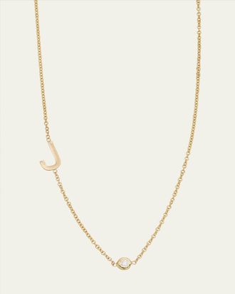 Zoe Lev Jewelry 14k Gold Asymmetrical Initial and Bezel Diamond Necklace