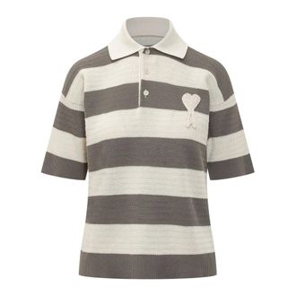 Ami Polo Shirts, female, Beige, Size: XS Striped Heart Polo