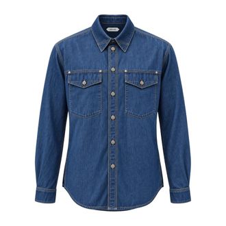 Versace Overhemden, Heren, Blauw, S, Katoen, Denim Katoenen Shirt met Geborduurd Logo