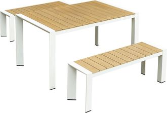 Vente-Unique Comedor de jard&iacute;n de aluminio: mesa L.150 cm y 2 bancos - Natural claro y blanco - NYROS de MYLIA