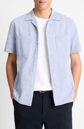 Vince Classic Fit Stripe Seersucker Camp Shirt in Dk Playa Blue at Nordstrom Rack, Size Xx-Large