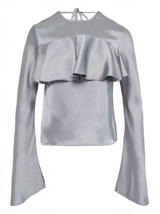 Ganni Womens Double Viscose Satin Ruffle Top In Mirage Grey