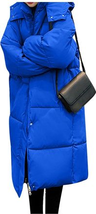 Generic Womens Long Puffer Jackets Winter Coats for Women UK with Hood Outercoat with Pockets Thick Padded Jackets Warm Windproof Parka with Zip F-Blue XXL