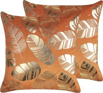 Beliani Conjunto De 2 Cojines De Terciopelo Naranja Dorado 45 X 45 Cm Hojas Sunflower