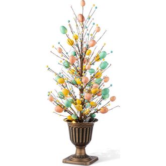 Glitzhome 3FT Easter Egg & Flower/ Berry Urn Porch Tree with 20 Warm White Lights & Timer in Blue at Nordstrom, Size Large