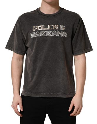 Dolce & Gabbana Gray Logo Embellished Men Crew Neck T-Shirt Cotton