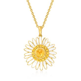 Ross-Simons Citrine and White Enamel Daisy Pendant Necklace in 18kt Gold Over Sterling