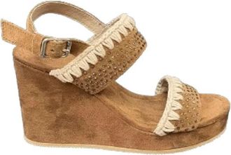 Mou Handgemaakte Twee Band Wig Sandaal - Dames - Sleehakken - Bruin - 40 EU - Su&egrave;de - Schoenen
