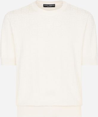 Dolce & Gabbana Silk Jacquard Round-neck Sweater With Dg Logo - Man Sweaters And Cardigans White 46