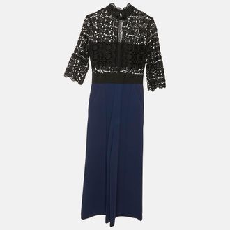 Self Portrait Black/navy Blue Lace & Crepe Jumpsuit