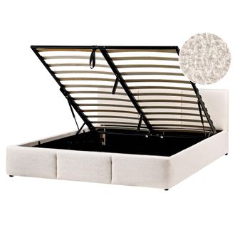 Beliani Cama Con Almacenaje De Boucl&eacute; Blanco Crema 160 X 200 Cm Acolchado Almacenaje Bousse