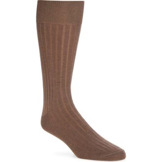 Nordstrom Ribbed Mercerized Cotton Blend Dress Socks in Mocha at Nordstrom, Size Regular