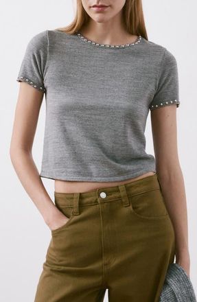 Mango Studded Short Sleeve Sweater in Medium Heather Grey at Nordstrom, Size X-Small