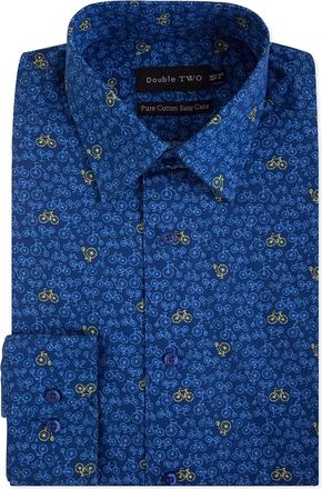 Double TWO Mens Pure Cotton Patterned LS Shirts (3798) in Navy Cycle Print in (Collar 19/Chest 54-56)