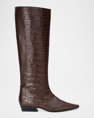 Staud Wally Croc-Embossed Leather Flat Knee-High Boots