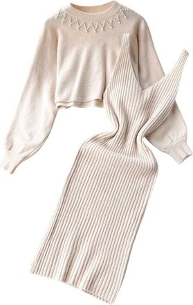 Generic Womens Knitted Two Piece Set Bodycon Dress Pullover Top and Midi Skirt Co Ord Outfit Ribbed Knit Dress Suit Elegant Long Sleeve Sequin Evening Gown Se